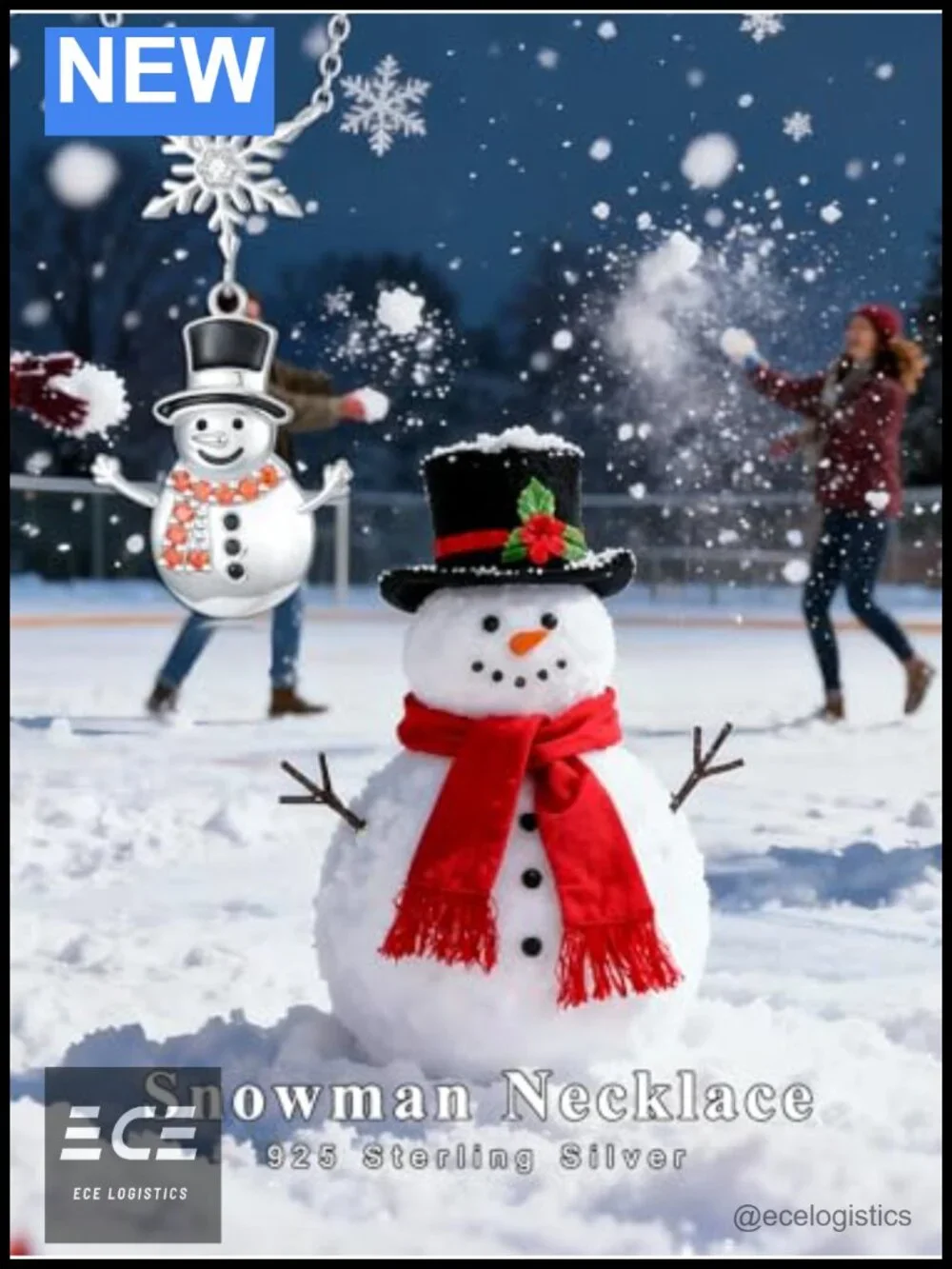 925 Sterling Silver Snowman Necklace Winter Christmas Pendant